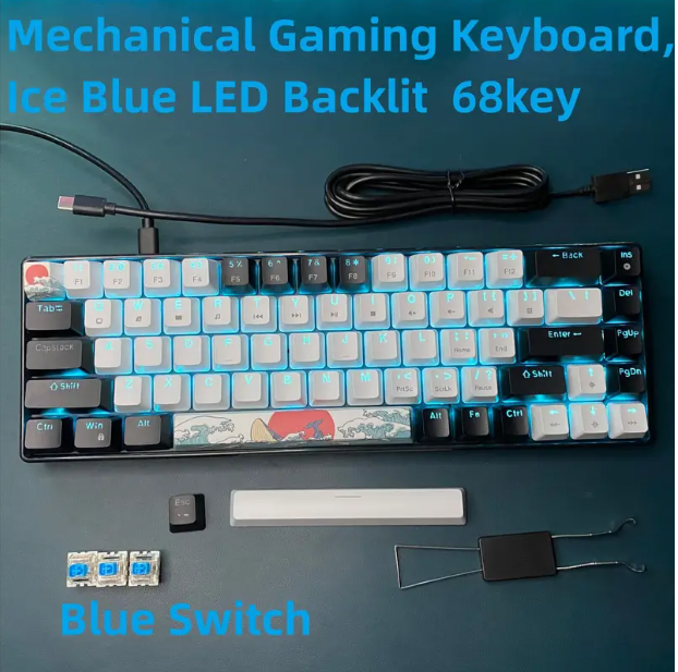 Compact 68-Key Mechanical Gaming Keyboard - Sea Blue LED Backlit, Ergonomic Design with Hot-Swappable Blue Switches, Detachable Cable for Windows/Mac