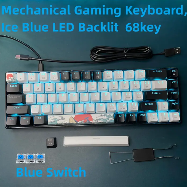 Compact 68-Key Mechanical Gaming Keyboard - Sea Blue LED Backlit, Ergonomic Design with Hot-Swappable Blue Switches, Detachable Cable for Windows/Mac